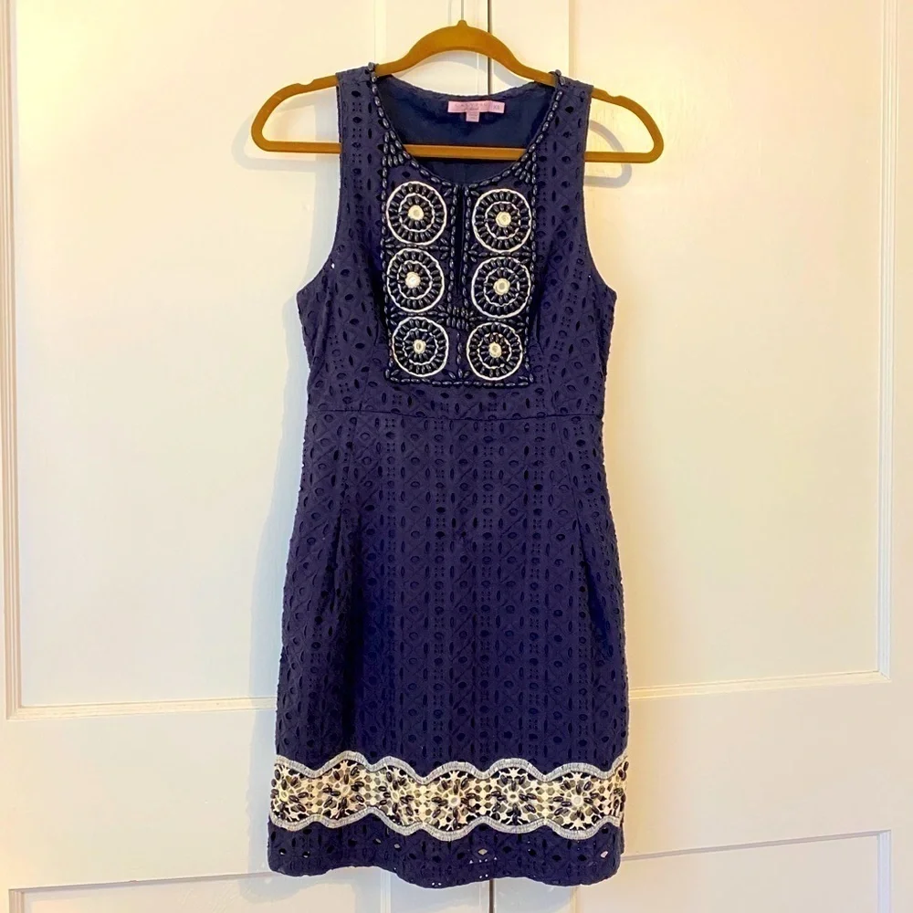 Calypso St. Barth Navy Lace Beaded Shift Dress - Picture 2 of 8